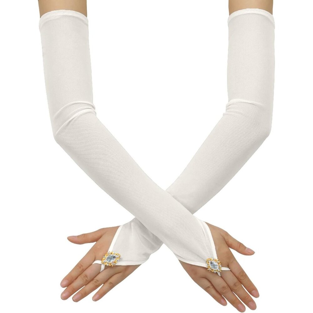 Women's Lvory Long Fabric Finger Loop Gloves Bridal Wedding Party Costume